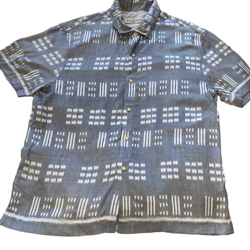 Tommy Bahama Mens EUC Collared Buttondown Shirt Grey Geometric All-Over Print Si